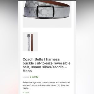 Coach Belt , i-harness buckle, cut to size, reversible men’s belt. Silver/saddle